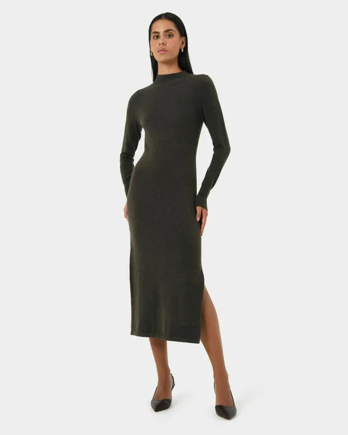 Forcast Simone Wool Knit Dress Dark Khaki Women Midi Dresses