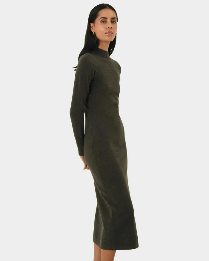 Forcast Simone Wool Knit Dress Dark Khaki Women Midi Dresses