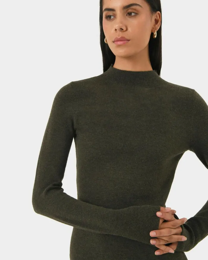 Forcast Simone Wool Knit Dress Dark Khaki Women Midi Dresses