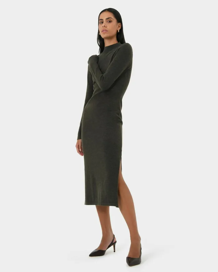 Forcast Simone Wool Knit Dress Dark Khaki Women Midi Dresses