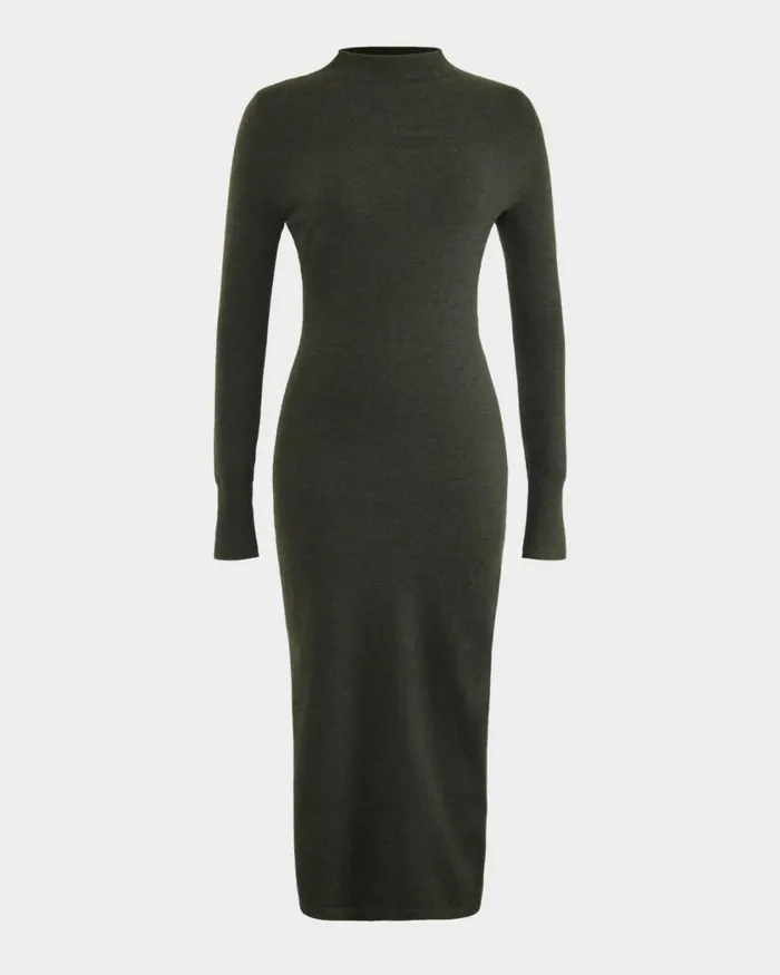 Forcast Simone Wool Knit Dress Dark Khaki Women Midi Dresses