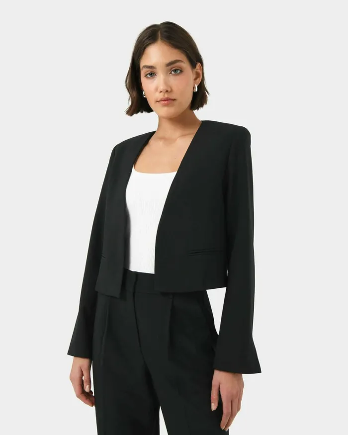 Forcast Sofia Cropped Blazer Black Women Long Sleeve Tops