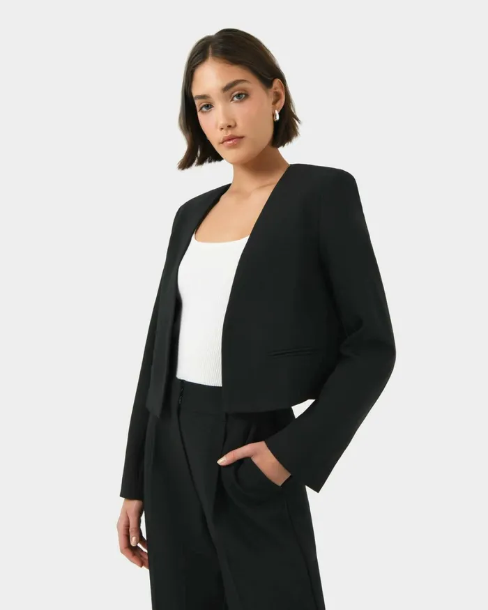 Forcast Sofia Cropped Blazer Black Women Long Sleeve Tops