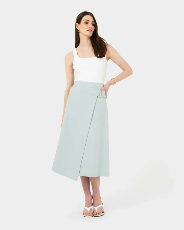 Forcast Sofia Wrap Midi Skirt Baby Blue Women Midi and Maxi Skirts