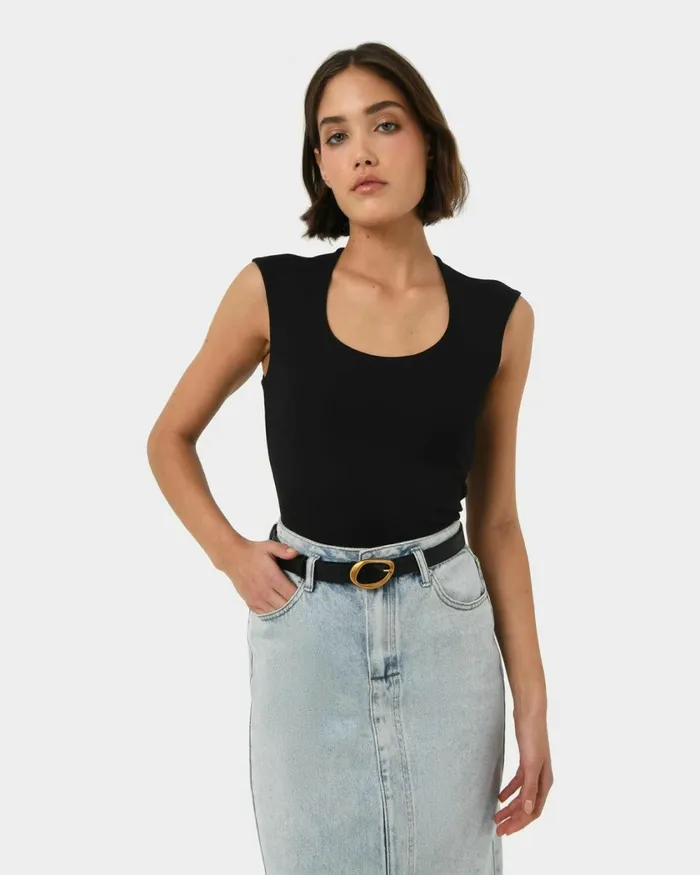 Forcast Soho Rounded Square Neck Top Light Camelivorynavyblack Women TShirts and Tops