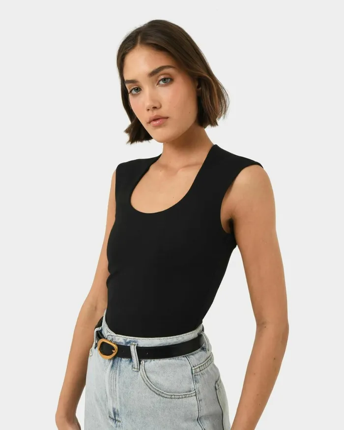 Forcast Soho Rounded Square Neck Top Light Camelivorynavyblack Women TShirts and Tops