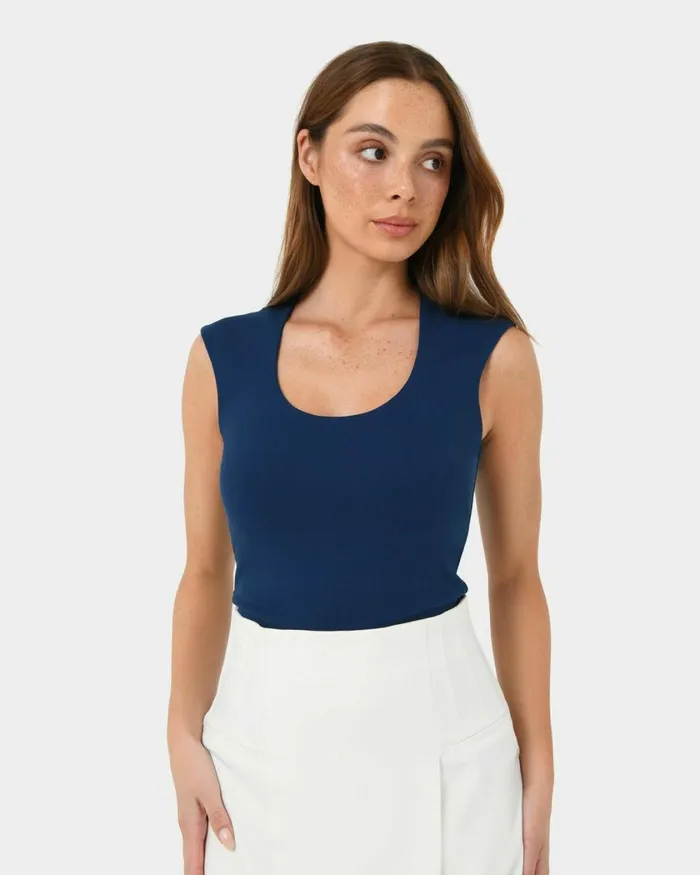 Forcast Soho Rounded Square Neck Top Light Camelivorynavyblack Women TShirts and Tops