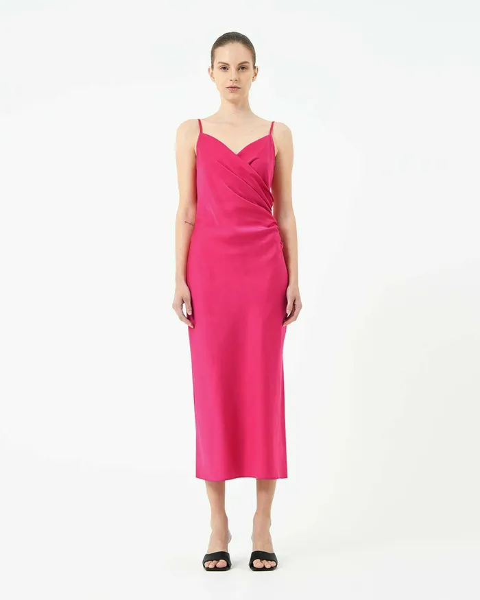 Forcast Staria Draped Camisole Dress Fuchsia Women Midi Dresses