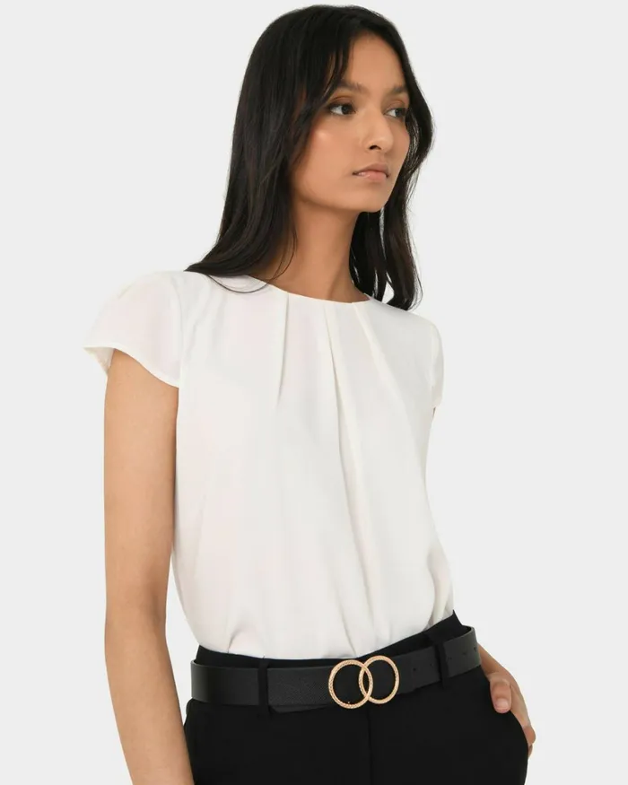 Forcast Tamera Pleated Round Neck Top Whiteblack Women TShirts and Tops