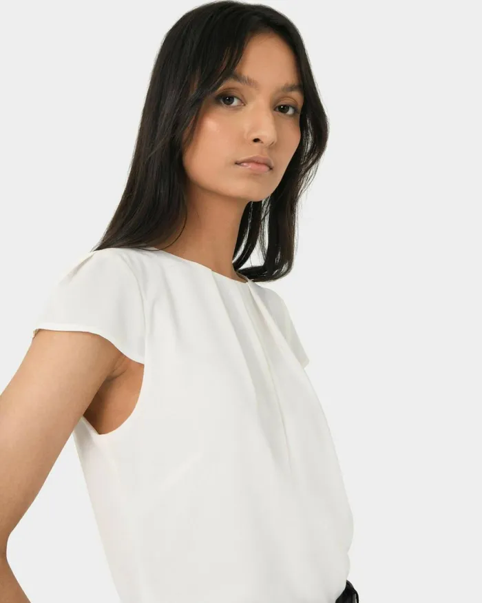 Forcast Tamera Pleated Round Neck Top Whiteblack Women TShirts and Tops