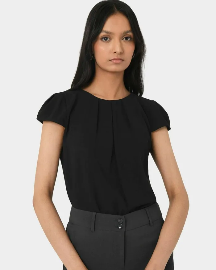 Forcast Tamera Pleated Round Neck Top Whiteblack Women TShirts and Tops