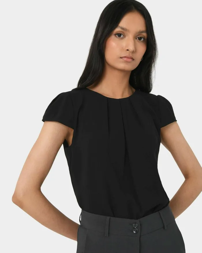 Forcast Tamera Pleated Round Neck Top Whiteblack Women TShirts and Tops