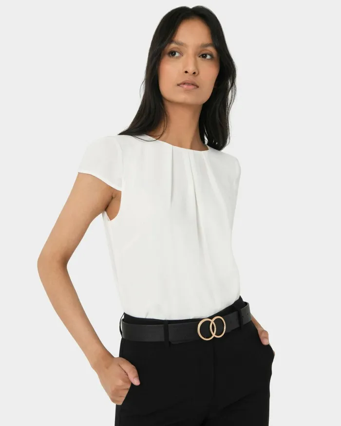 Forcast Tamera Pleated Round Neck Top Whiteblack Women TShirts and Tops