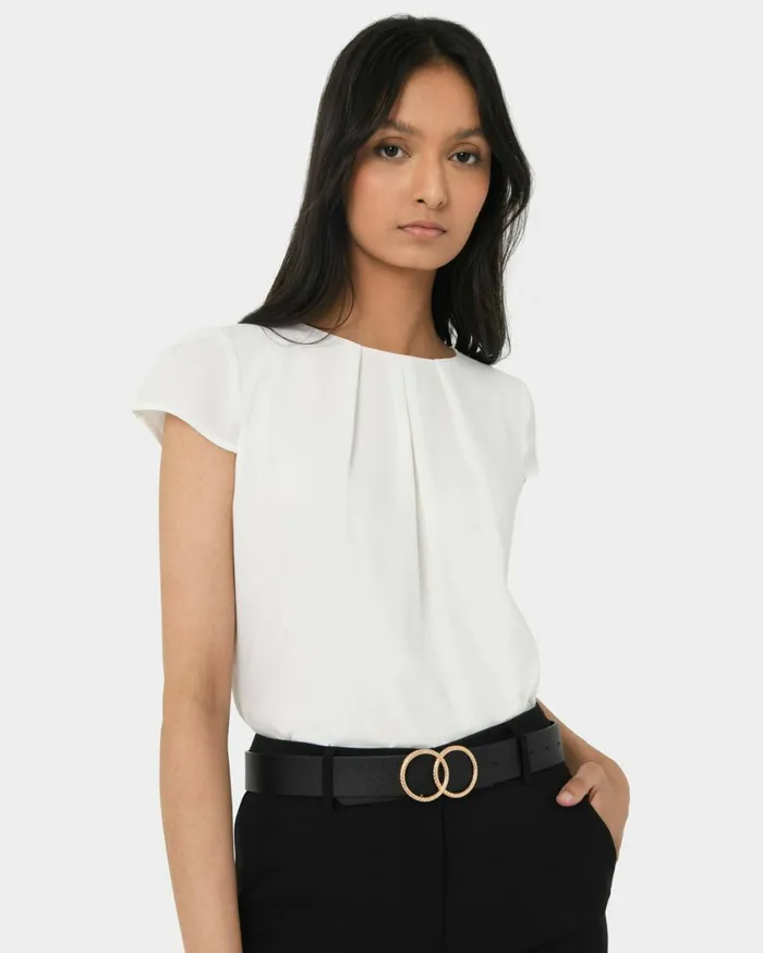 Forcast Tamera Pleated Round Neck Top Whiteblack Women TShirts and Tops