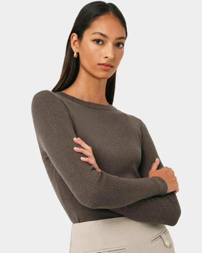 Forcast Tania Crew Neck Knit Walnuttobaccoivorynavygreycharcoalblack Women Petite Edit