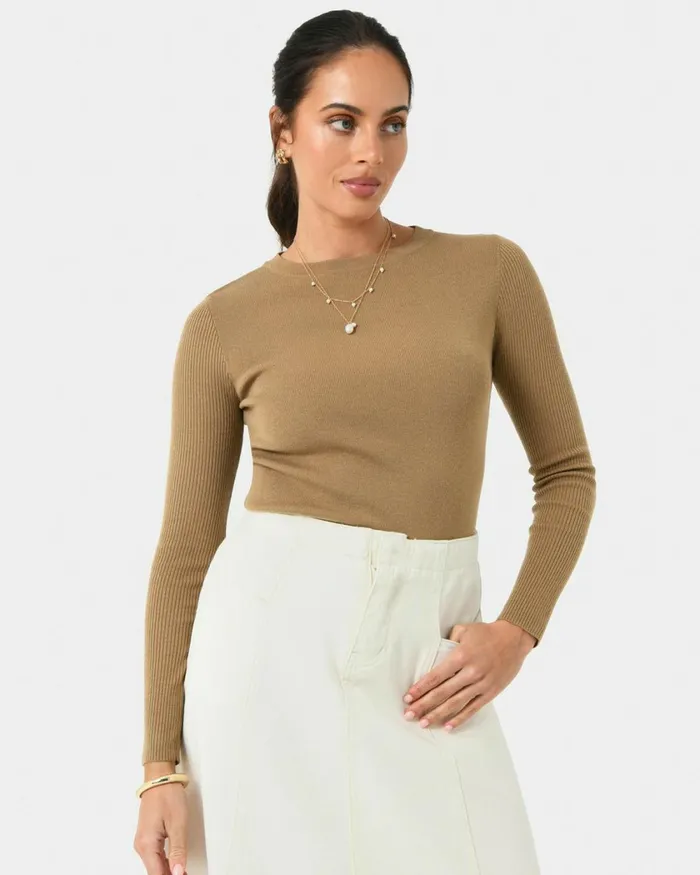Forcast Tania Crew Neck Knit Walnuttobaccoivorynavygreycharcoalblack Women Petite Edit
