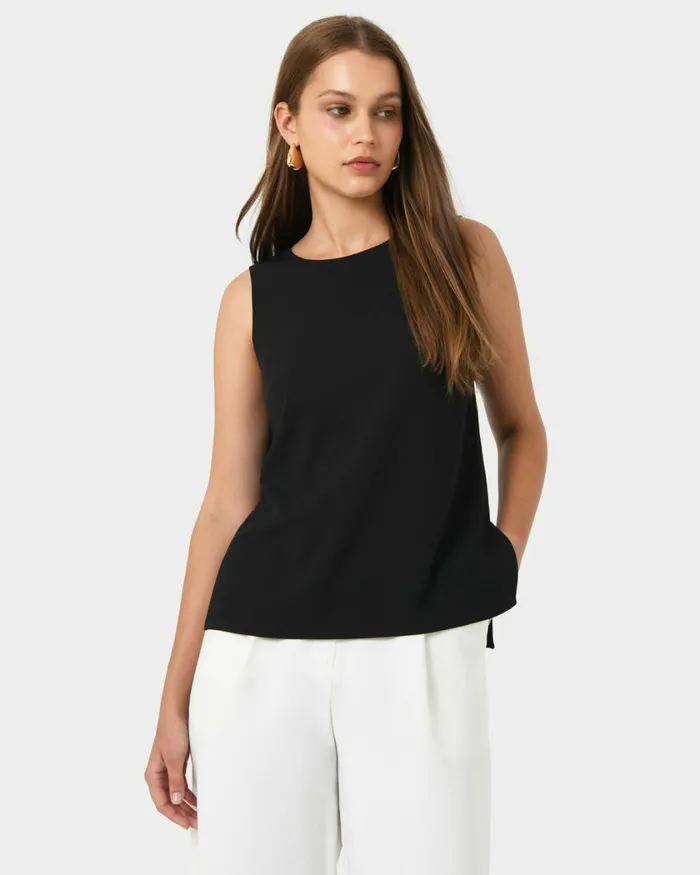 Forcast Tess Round Neck Top Black Women TShirts and Tops