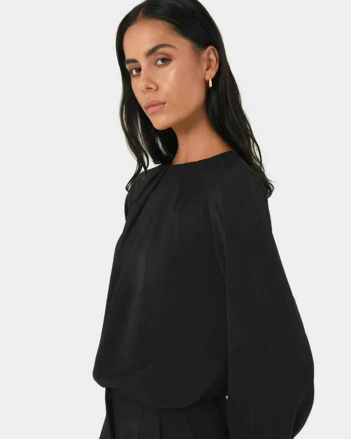 Forcast Tiana Pleat Neck Top Black Women TShirts and Tops