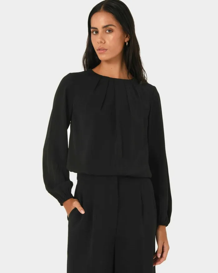 Forcast Tiana Pleat Neck Top Black Women TShirts and Tops