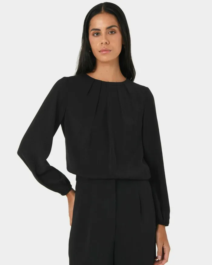Forcast Tiana Pleat Neck Top Black Women TShirts and Tops