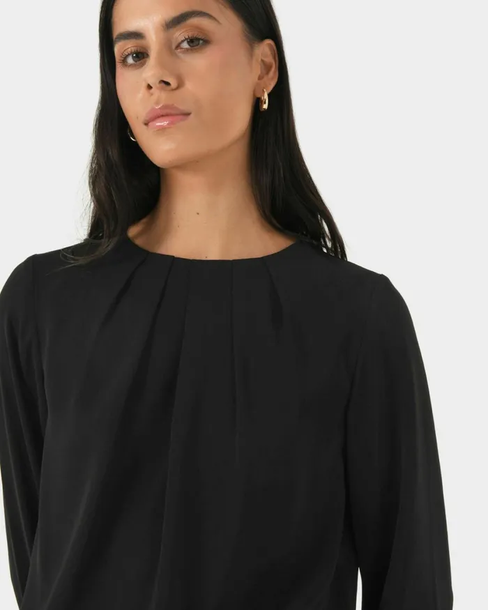 Forcast Tiana Pleat Neck Top Black Women TShirts and Tops