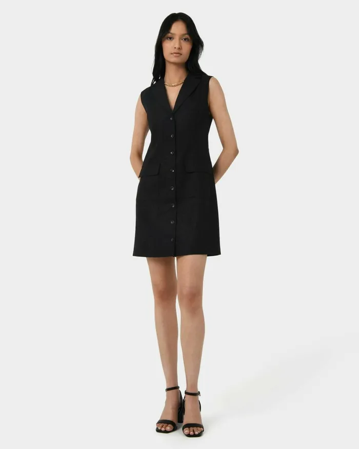 Forcast Valeria Buttoned Linen Dress Oatmealblack Women Mini Dresses