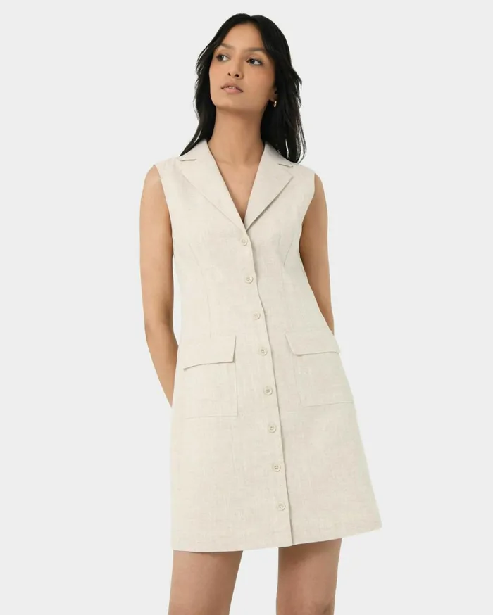 Forcast Valeria Buttoned Linen Dress Oatmealblack Women Mini Dresses