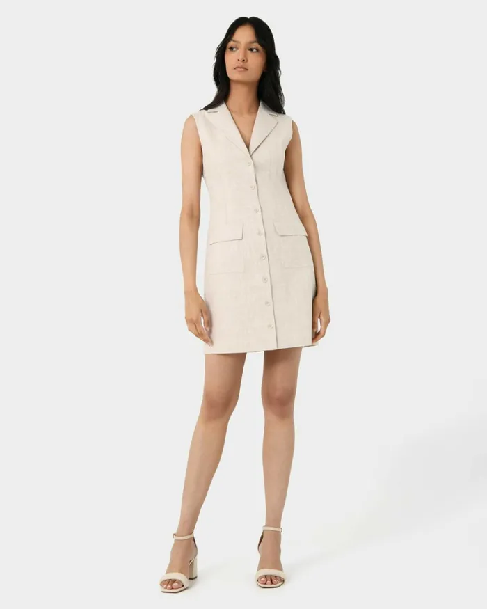 Forcast Valeria Buttoned Linen Dress Oatmealblack Women Mini Dresses