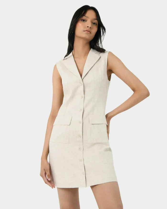 Forcast Valeria Buttoned Linen Dress Oatmealblack Women Mini Dresses