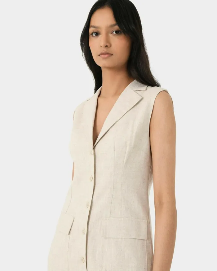 Forcast Valeria Buttoned Linen Dress Oatmealblack Women Mini Dresses