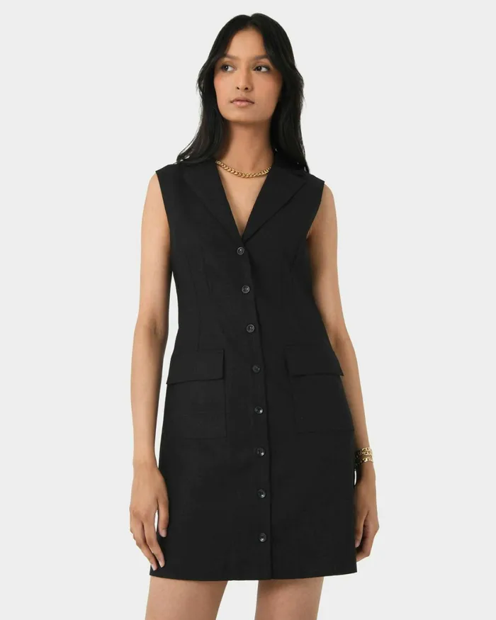Forcast Valeria Buttoned Linen Dress Oatmealblack Women Mini Dresses