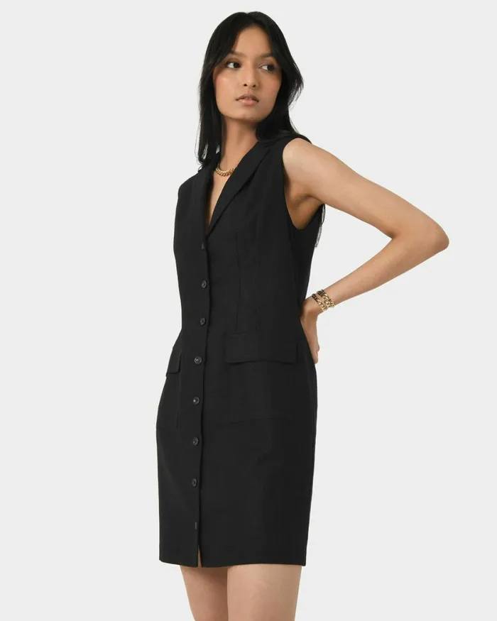 Forcast Valeria Buttoned Linen Dress Oatmealblack Women Mini Dresses