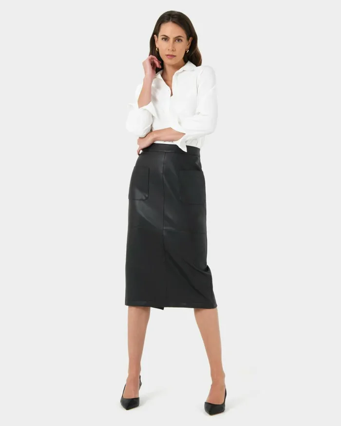 Forcast Vera Faux Leather Midi Skirt Black Women Midi and Maxi Skirts