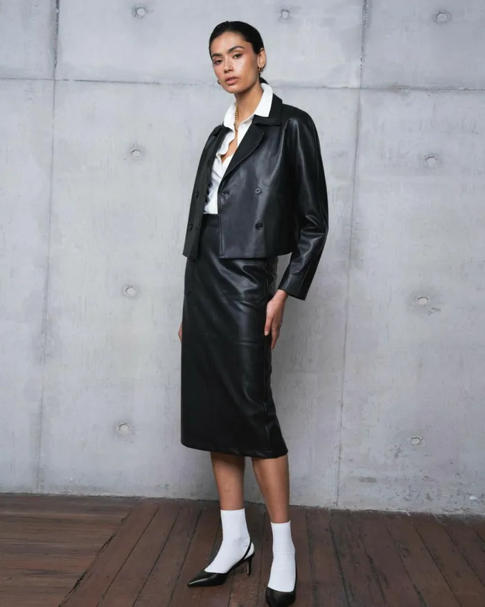 Forcast Vera Faux Leather Midi Skirt Black Women Midi and Maxi Skirts