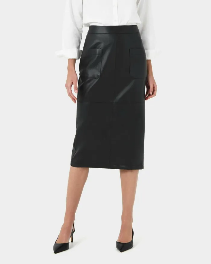 Forcast Vera Faux Leather Midi Skirt Black Women Midi and Maxi Skirts
