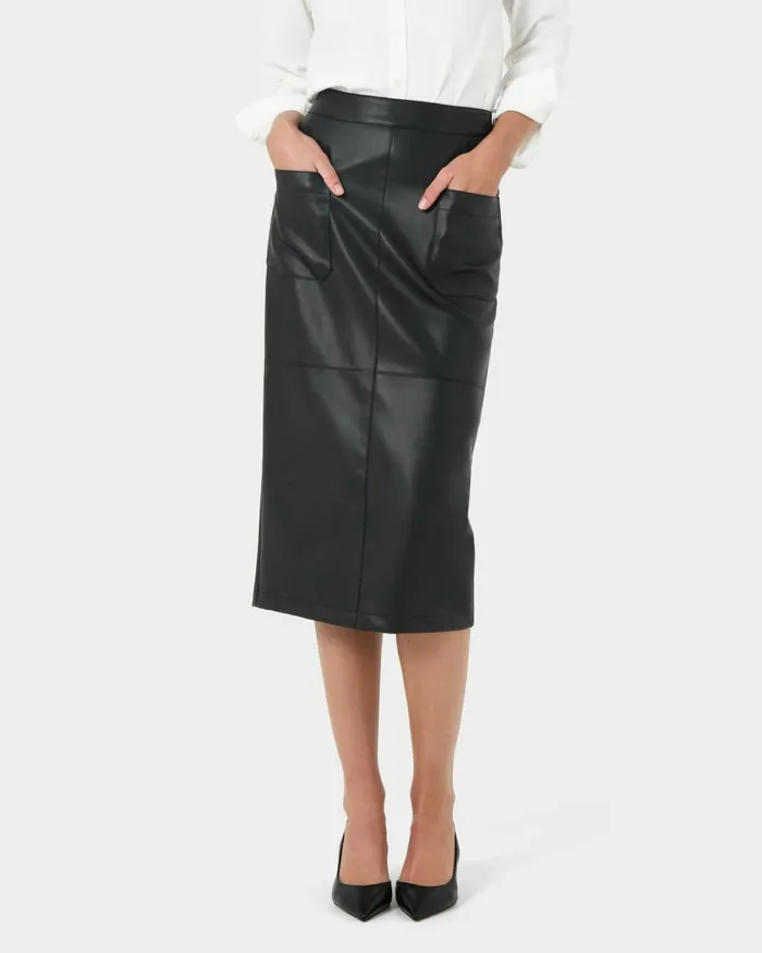 Forcast Vera Faux Leather Midi Skirt Black Women Midi and Maxi Skirts