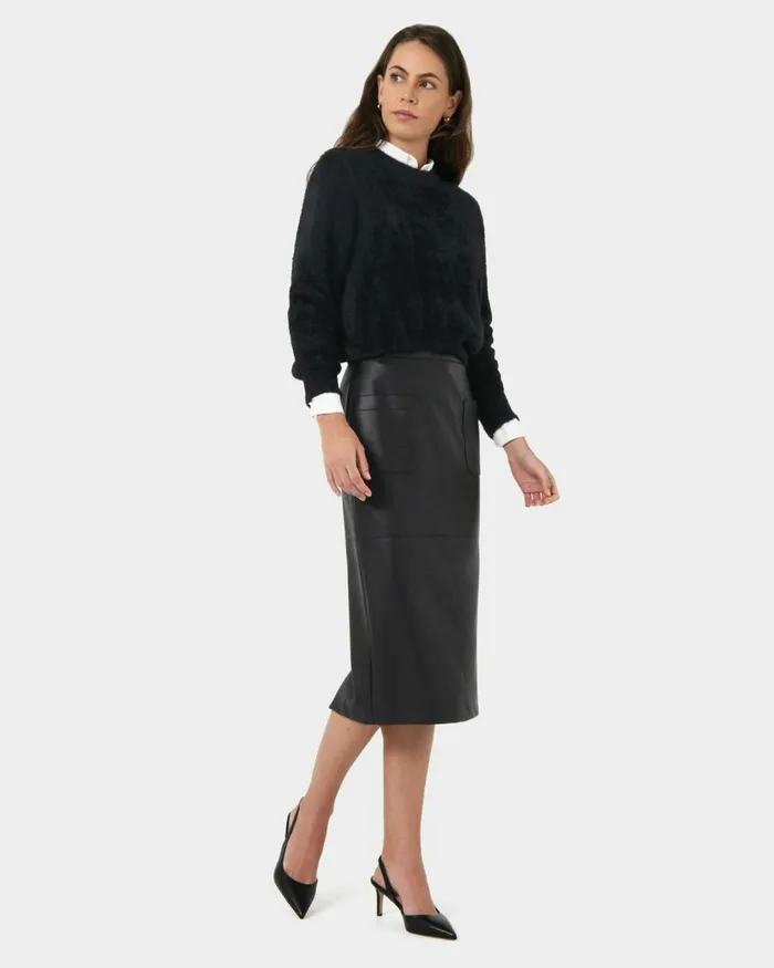 Forcast Vera Faux Leather Midi Skirt Black Women Midi and Maxi Skirts