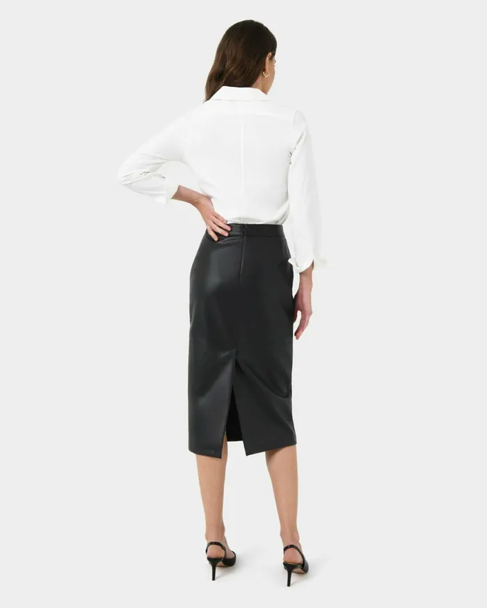 Forcast Vera Faux Leather Midi Skirt Black Women Midi and Maxi Skirts