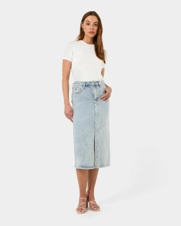 Forcast Veronique Midi Denim Skirt Whiteblue Wash Women Midi and Maxi Skirts