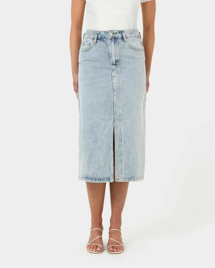 Forcast Veronique Midi Denim Skirt Whiteblue Wash Women Midi and Maxi Skirts