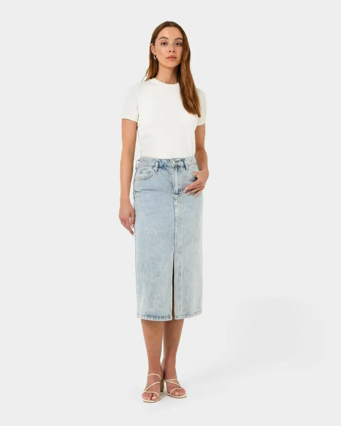 Forcast Veronique Midi Denim Skirt Whiteblue Wash Women Midi and Maxi Skirts