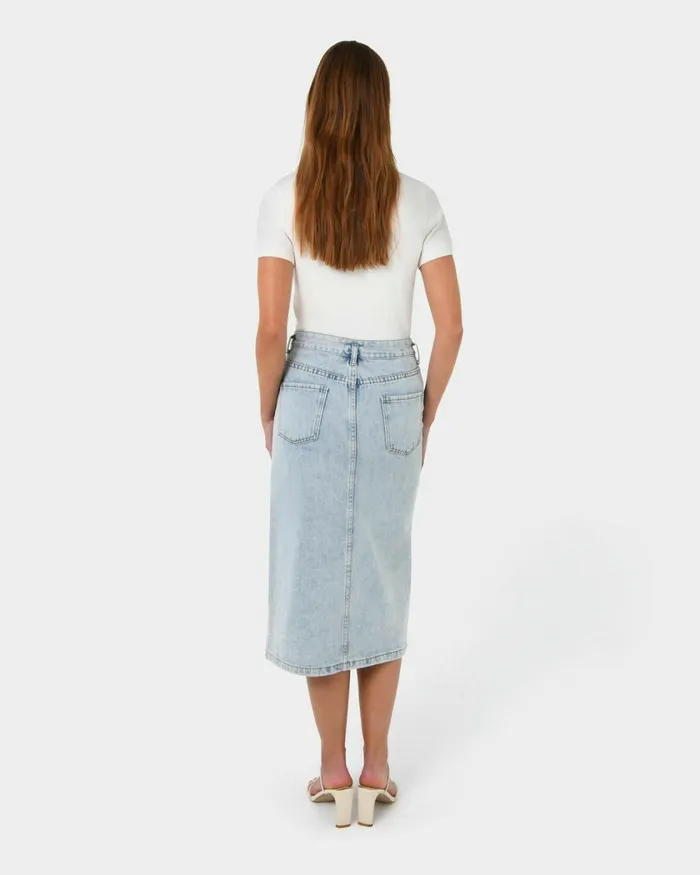 Forcast Veronique Midi Denim Skirt Whiteblue Wash Women Midi and Maxi Skirts