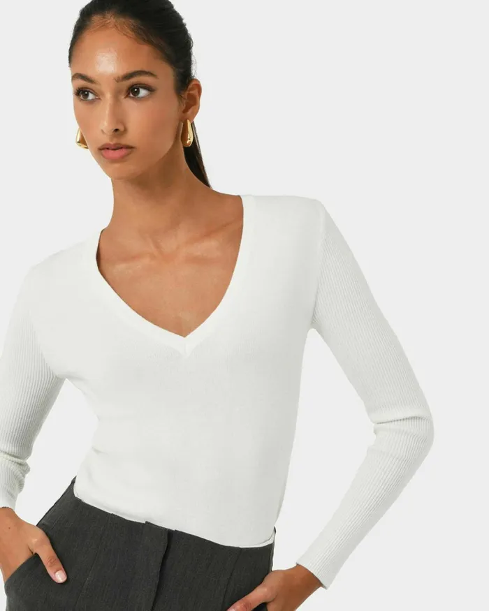 Forcast Vicky Vneck Knit Deep Tealivoryblack Women TShirts and Tops
