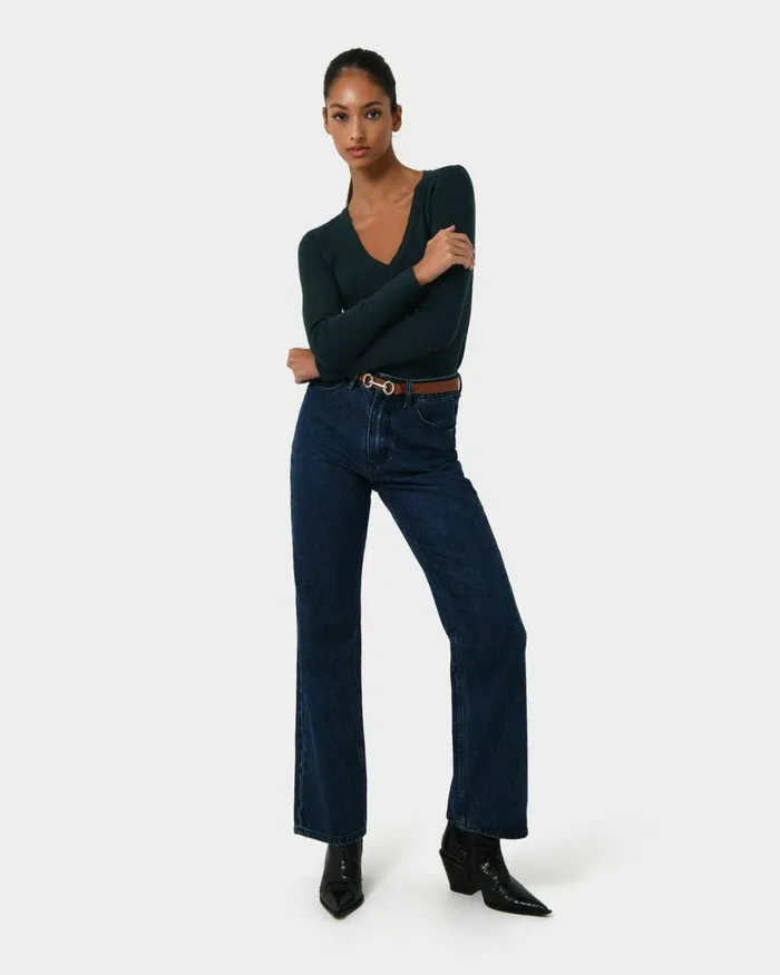 Forcast Vicky Vneck Knit Deep Tealivoryblack Women TShirts and Tops