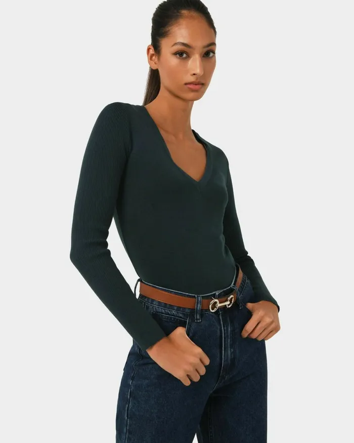 Forcast Vicky Vneck Knit Deep Tealivoryblack Women TShirts and Tops