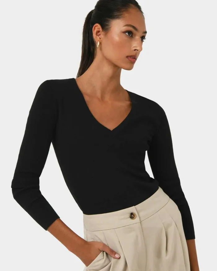 Forcast Vicky Vneck Knit Deep Tealivoryblack Women TShirts and Tops