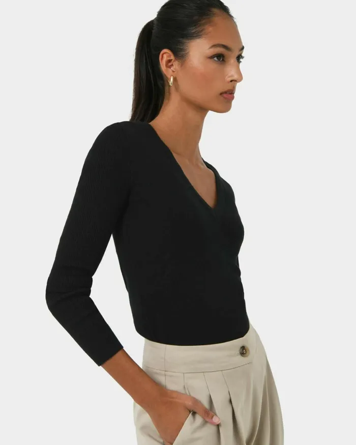 Forcast Vicky Vneck Knit Deep Tealivoryblack Women TShirts and Tops