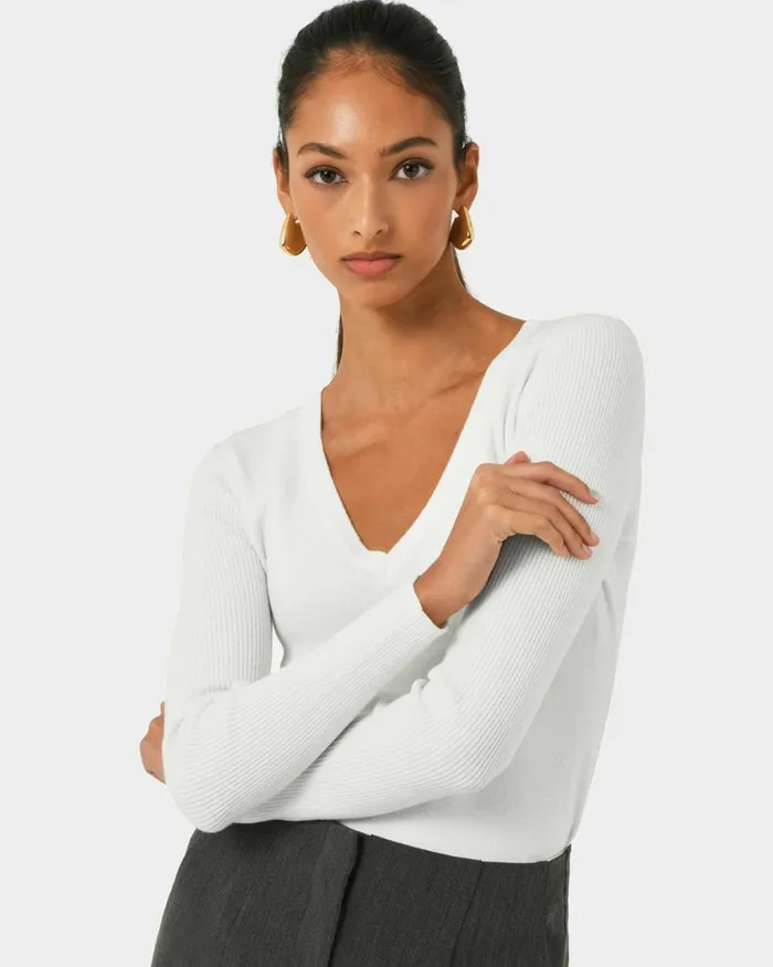 Forcast Vicky Vneck Knit Deep Tealivoryblack Women TShirts and Tops