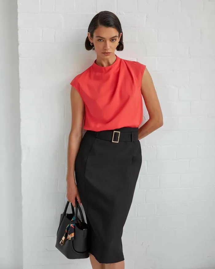 Forcast Victoria Belted Pencil Skirt Black Women Work Skirts