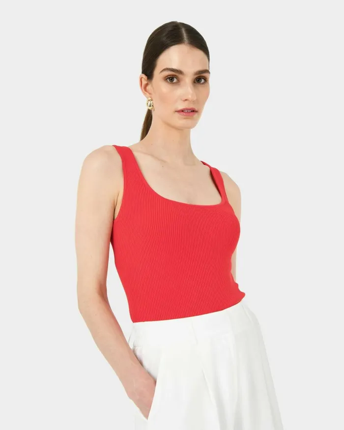 Forcast Vivi Rib Knit Tank Top Redblack Women TShirts and Tops